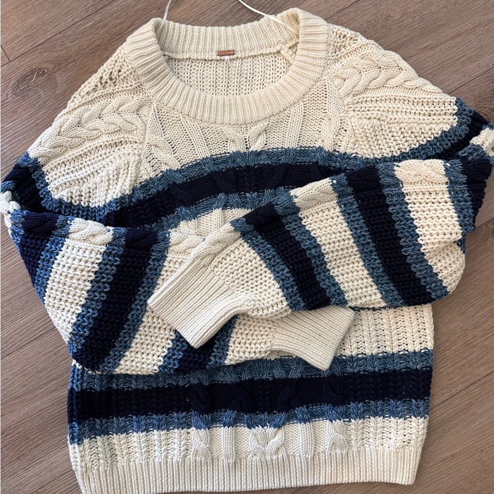 Free People 100% Cotton Striped Nautical Grandma Core Knit Sweater